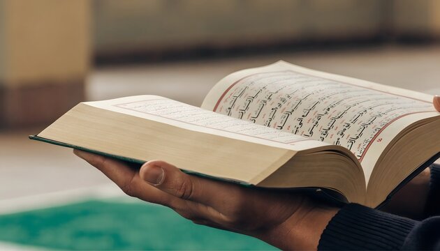 Holy Quran reading and spiritual reflection. Islamic culture and religious devotion. Person holding an open Quran for prayer and worship in a mosque