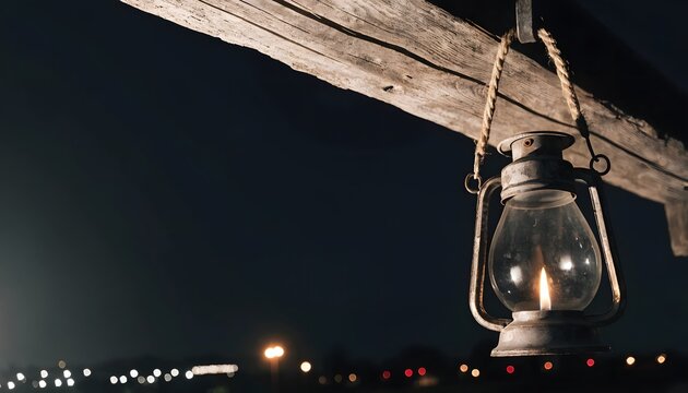 Vintage candle lantern hanging outdoors at night. Ramadan lighting and festive atmosphere. Antique oil lamp illuminating a dark wooden beam