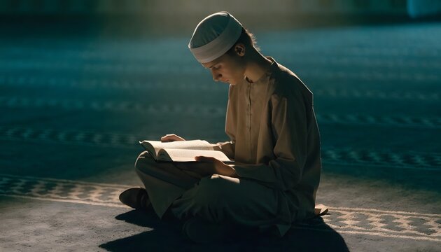 Holy Quran recitation and Islamic studies. Spiritual guidance and religious education. Young Muslim man sitting cross-legged on the floor inside a mosque reading the Quran