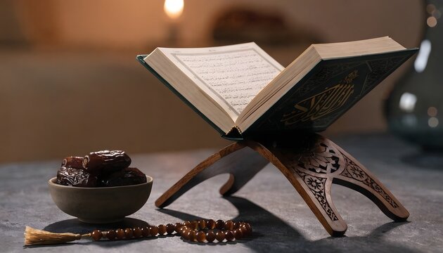 Holy Quran on a wooden stand with a bowl of dates and prayer beads. Ramadan and Islamic traditions. Open Quran resting on a Rehal during Iftar preparation