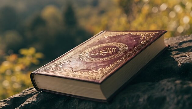 Sacred Quran book with golden Arabic calligraphy on a rock. Islamic heritage and nature. Closed holy book resting outdoors on a stone surface with soft background