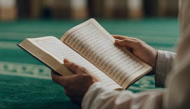 Holy Quran reading and spiritual reflection. Islamic culture and religious devotion. Person holding an open Quran for prayer and worship in a mosque