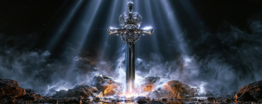 Dark sword with ornate crown shaped hilt standing upright among rocky ground, illuminated by dramatic beams of light and swirling smoke