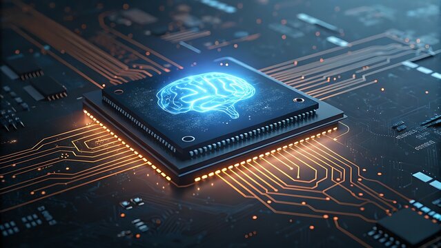 Glowing digital brain icon on a central computer processor chip surrounded by intricate golden circuit board pathways on a dark motherboard background for advanced technology and artificial intelligen