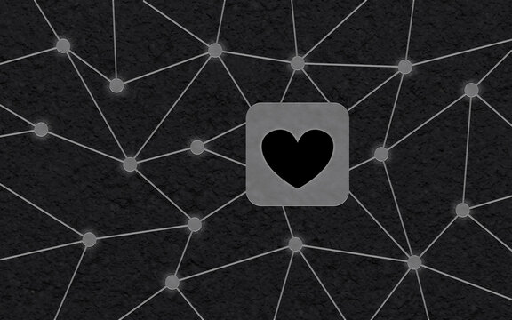 Ein herziges Icon in einem digitalen Netzwerk symbolisiert globale Liebe, soziale Verbundenheit und Romantik. Das dunkle Grafikkonzept passt perfekt f&uuml;r Partnersuche und Kommunikation.