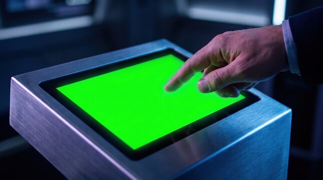 voting technology, a hand interacts with a glowing touch screen voting machine, symbolizing tech democracy