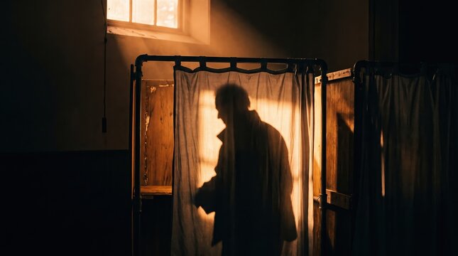 voting and democracy themes, a dramatic silhouette stands in a voting booth, emphasizing privacy and democracy