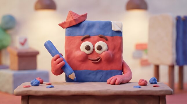 voting illustration, a cheerful clay ballot character grinning and holding a pencil enthusiastically