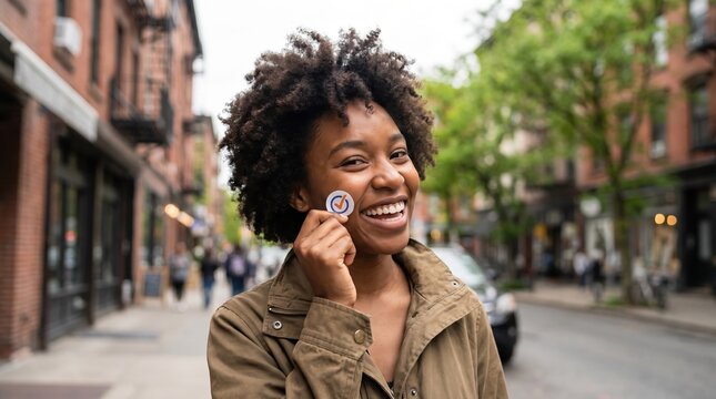 civic engagement, a proud young african american woman holds a voting sticker to her cheek, smiling warmly