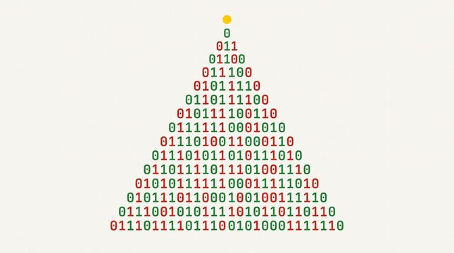 Minimalist Christmas Tree Formed by Red and Green Binary Code Digits with Yellow Star on Off White Background