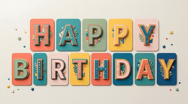 Paper art banner with "Happy Birthday" letters aligned in a structured grid layout, clean environment with geometric spacing, even lighting with delicate shadows, slightly elevated shot using 35mm len