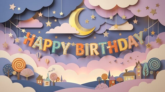 Paper art banner with "Happy Birthday" letters appearing as part of a paper sky scene with layered clouds and stars, imaginative backdrop with soft gradients, warm diffused lighting creating a magical
