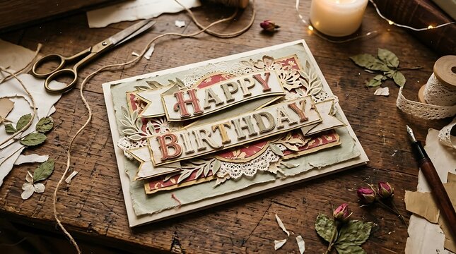 Paper art banner with "Happy Birthday" letters framed within a handcrafted vintage card composition, textured environment with subtle imperfections, warm lighting with soft glow, wide-angle shot using