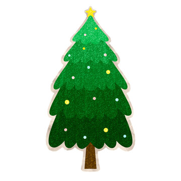 Glittery Green Christmas Tree Ornament With A Yellow Star Isolated On A Plain White Background. Ideal for Scrapbook, Journal, Craft, Creative Project or DIY