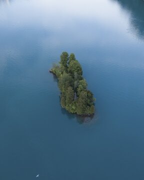 Aerial view, small island in Lake Brienz, Bernese Oberland, Switzerland