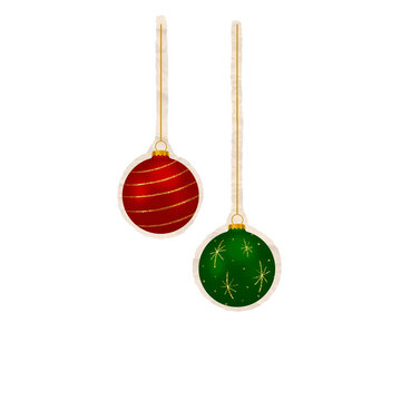 Red And Green Christmas Ornaments Hanging On Strings With Gold Glitter Details. Ideal for Scrapbook, Journal, Craft, Creative Project or DIY