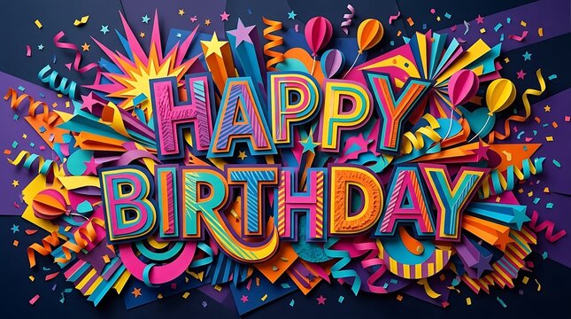 Paper art banner with "Happy Birthday" letters integrated into bold dynamic paper shapes with vivid contrast, lively environment with abstract movement, bright ambient lighting with saturated tones, w