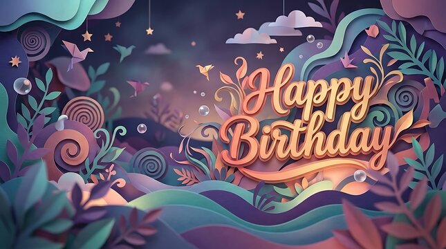 Paper art banner with "Happy Birthday" letters seamlessly blended into a surreal paper world of abstract forms and floating elements, open imaginative environment with depth, soft glowing lighting wit
