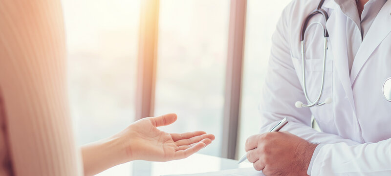 Doctor and patient discussing health concerns during a consultation, with a stethoscope and attentive medical guidance