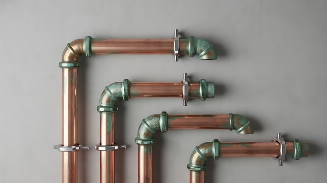 Industrial copper piping system with green oxidized joints and metal fittings arranged in a geometric pattern against a plain neutral gray background