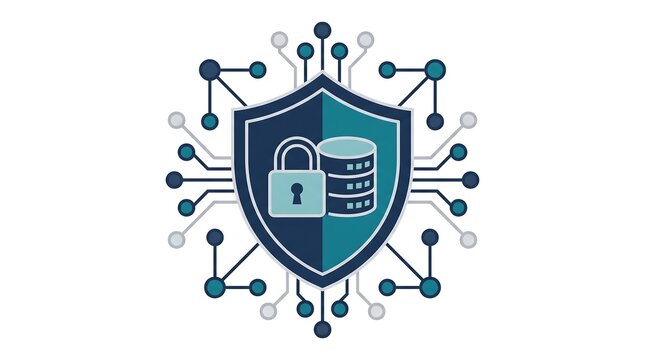Cybersecurity shield icon with digital data storage and network nodes.