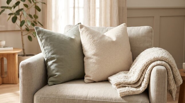 Cozy armchair with decorative pillows and a soft throw blanket in a bright living room.