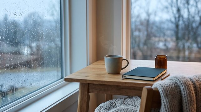 Cozy morning scene with a cup of coffee and a notebook by a rainy window.