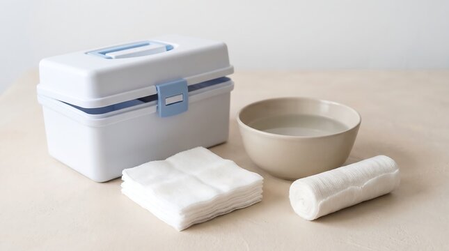 First aid kit with medical supplies and bowl of water on a table.