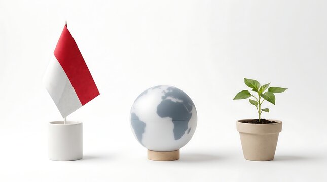 Indonesian flag globe and small plant in pot on white background.