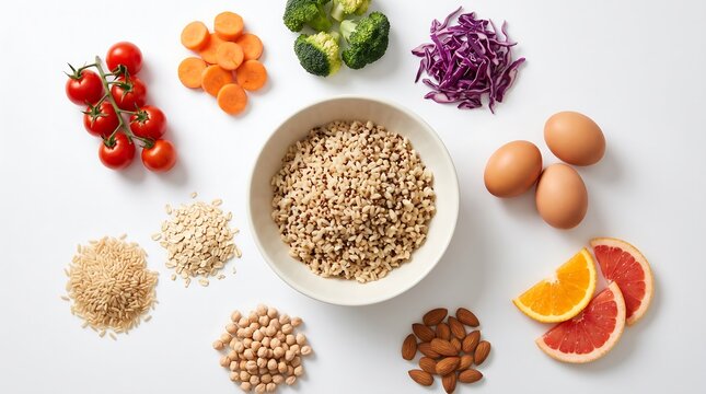 Top view of a healthy balanced diet with grains vegetables and protein.
