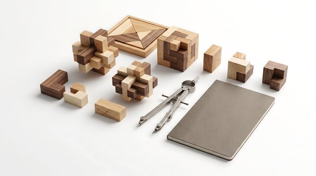 Wooden brain teaser puzzles and drafting tools on white background.