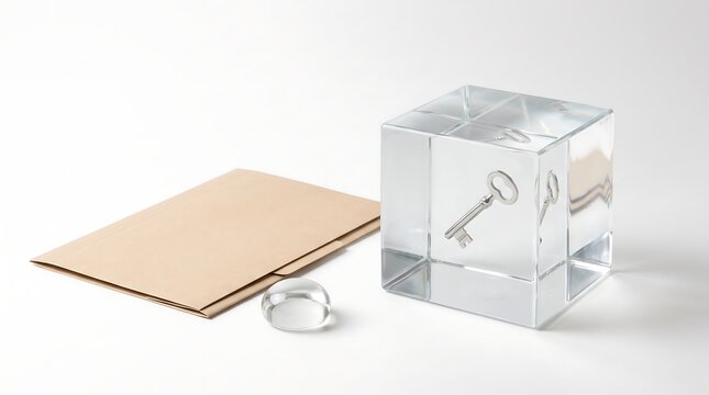 A metal key suspended inside a transparent glass cube next to a blank paper envelope.