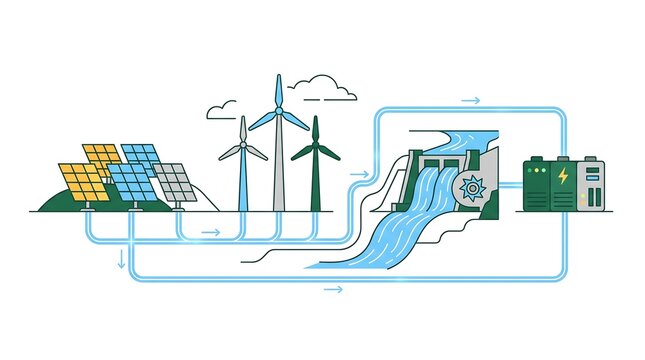 Renewable Energy Sources Integration and Power Grid Distribution Illustration.