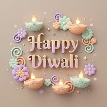 Beautiful happy diwali greeting card featuring glowing oil lamps and decorative pastel flowers arranged in a circular frame on a soft light brown background