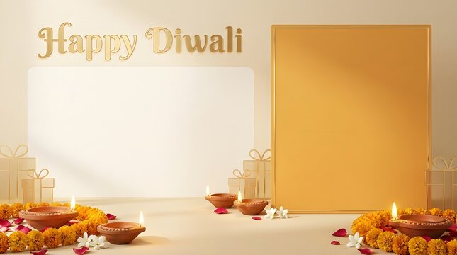 A festive diwali background featuring a golden frame for copy space with traditional oil lamps and marigold flowers on a clean white studio floor