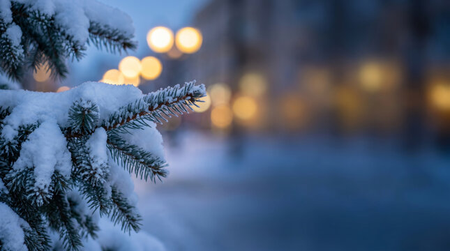 Snowy evergreen branch glows beside warm winter solstice lights. Christmas holiday festive celebration cosy peaceful flame light mystical magic spiritual holly