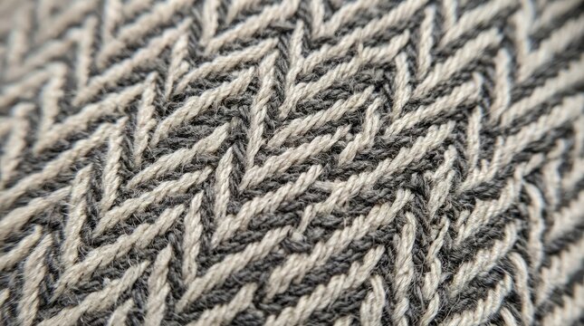 Close up of a textured gray herringbone weave pattern on a wool or knit fabric