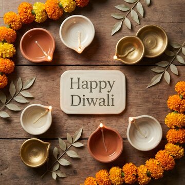 Top view of traditional clay oil lamps arranged with orange marigold flowers on a rustic wooden background for the indian festival of happy diwali