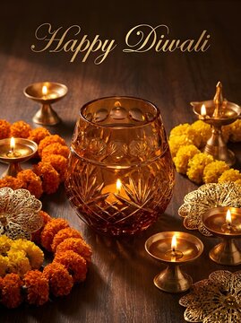 Beautiful festive background for diwali celebration featuring traditional oil lamps and bright marigold flower garlands arranged elegantly on a dark rustic wooden surface