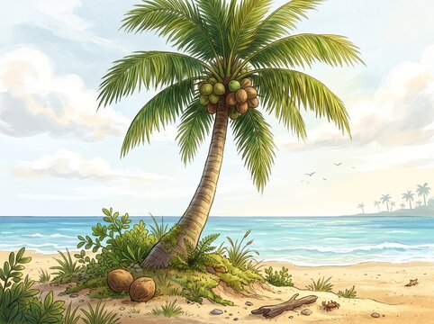 Beautiful tropical palm tree on a sunny sandy beach with blue ocean waves and clear sky illustration