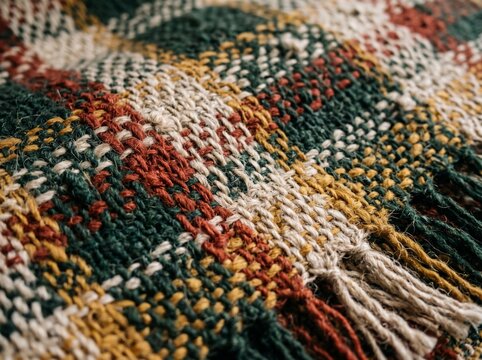 Close up of colorful woven plaid scarf or blanket with soft woolen texture and fringed edge