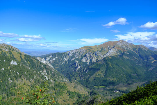 Landscape of green, rocky mountains. Western Tatras. Tatry Zachodnie.