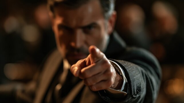 Man in formal suit pointing finger accusingly in dimly lit indoor setting