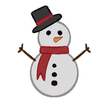 Cute snowman  illustration with black hat and red scarf isolated no background for christmas 