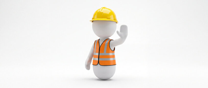 Construction worker character in yellow helmet and orange safety vest waving hand in clean 3D render on white studio space for industrial training, engineering presentations, and site warnings