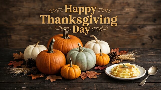 Colorful pumpkins arranged with autumn leaves and Thanksgiving food on rustic wooden table background