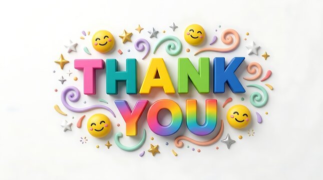Colorful Thank You Message Graphic with Happy Faces and Swirls Design for Positive Greetings