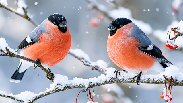 A  beautiful  bullfinch on a snow-covered branch in winter