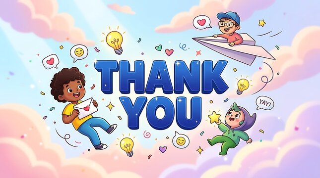 Colorful Thank You Message Featuring Happy Cartoon Characters Celebrating With Hearts And Lightbulbs