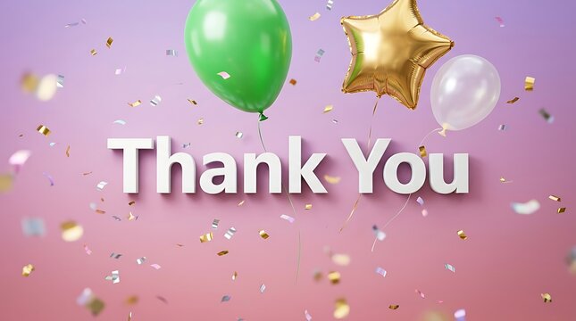 Colorful thank you message with balloons and confetti celebration design for greeting cards and social media posts